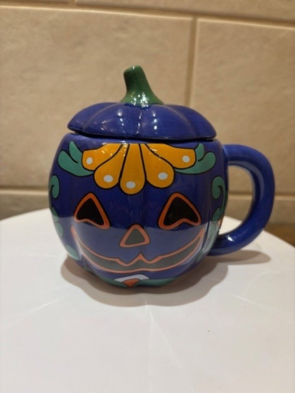 Pumpkin Day of the Dead Lidded Mug. Halloween, Cute Scary With Lid